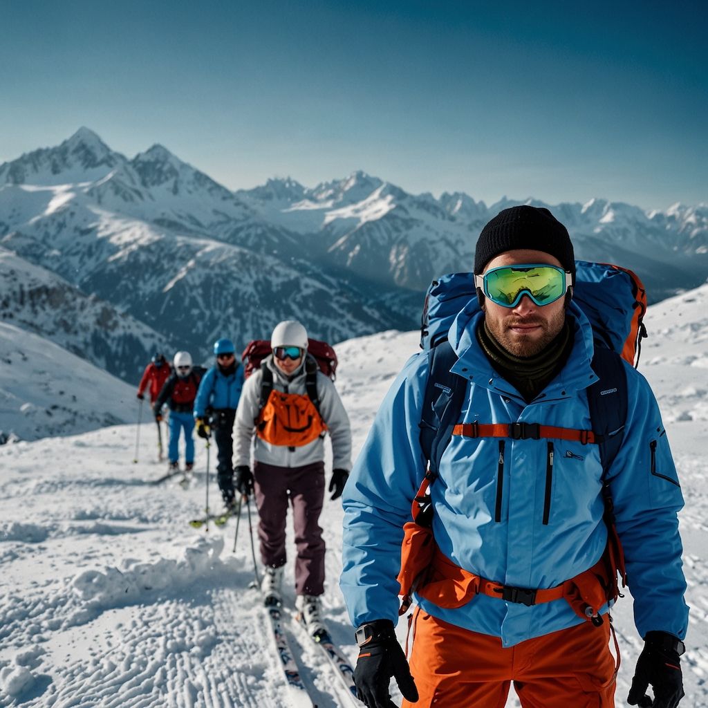 Gruppe von Skifahrern auf einer Skitour in unberührter Schneelandschaft abseits der Pisten
