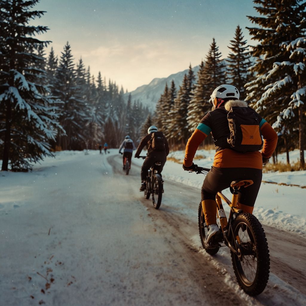 Diverse group of fatbikers navigating through a snowy trail