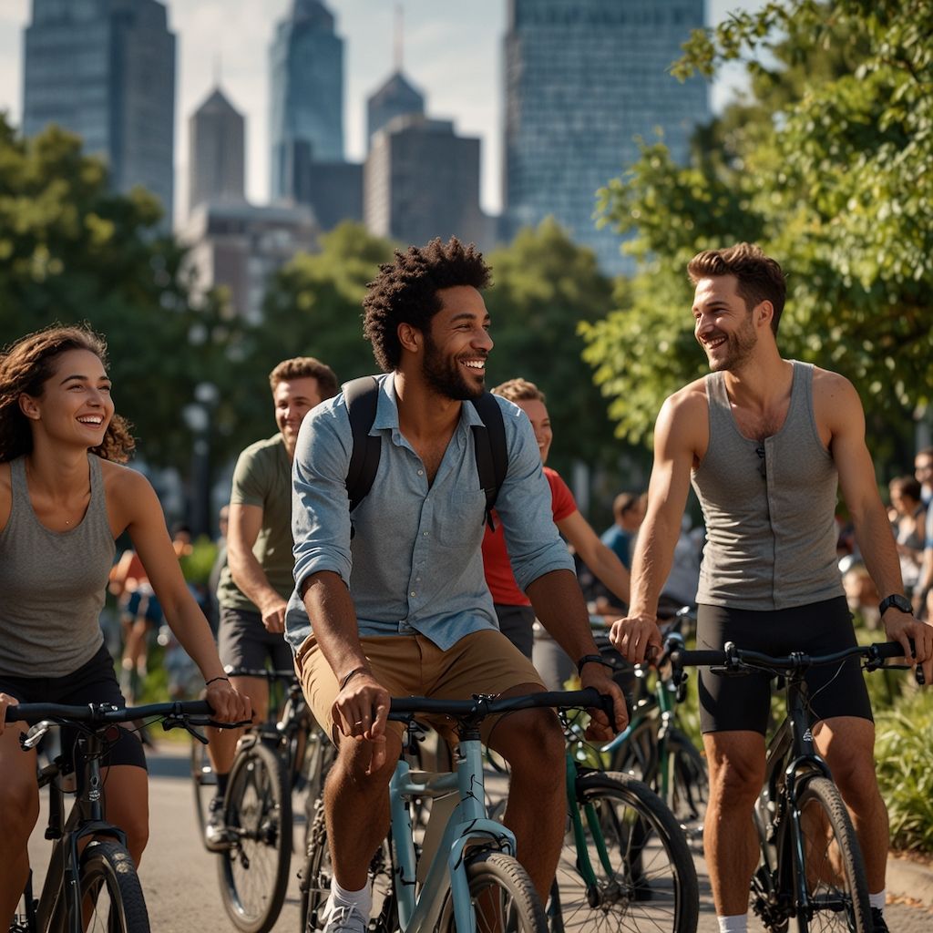 Diverse group of friends cycling on a city bike path