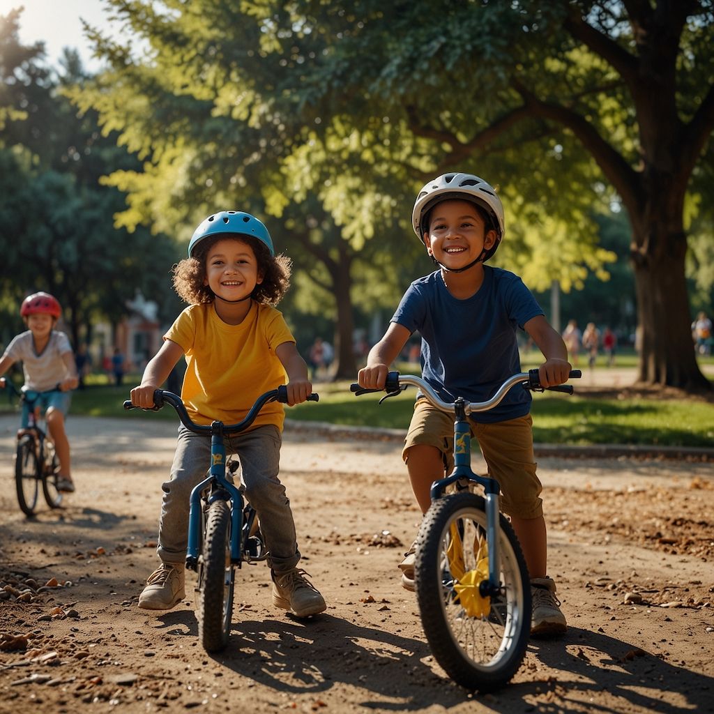 Group of children riding bikes in a spacious park