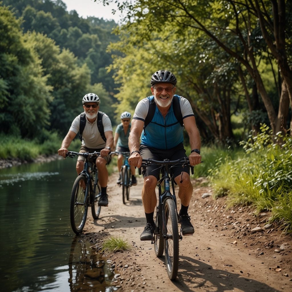 Senior cyclists enjoying a leisurely ride along a river path