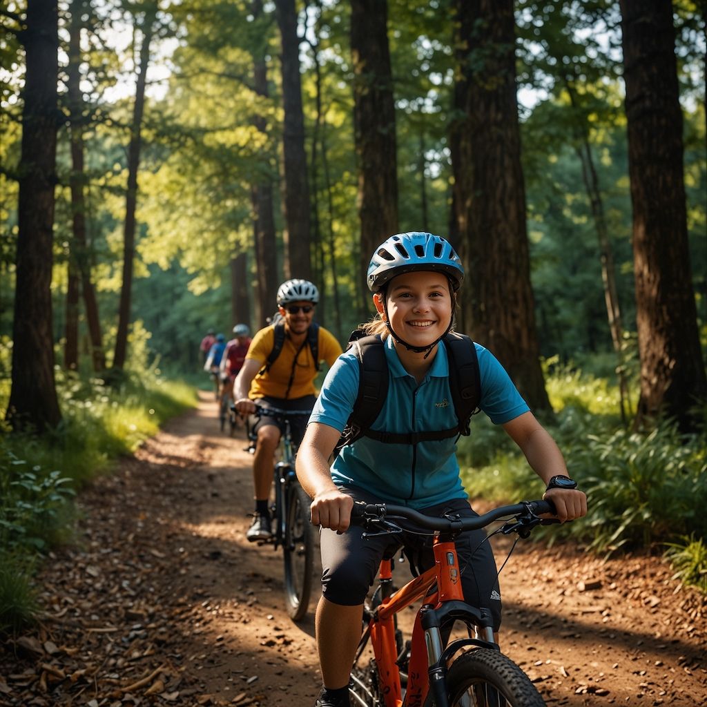 Family of cyclists enjoying a sunny forest trail