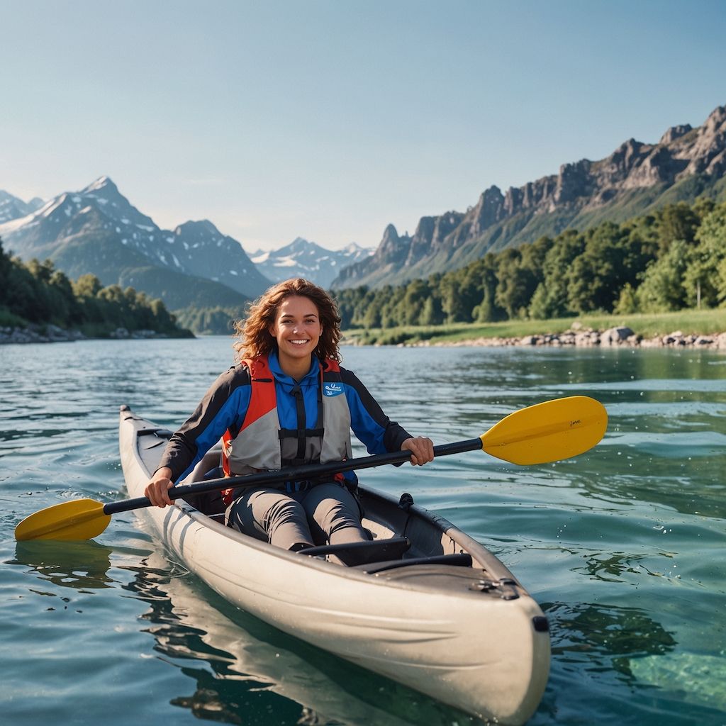 Solo adventurer enjoying canoeing with joy and engagement