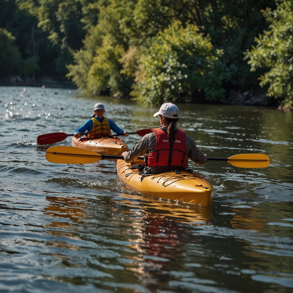 Beginners learning kayaking with concentration and excitement