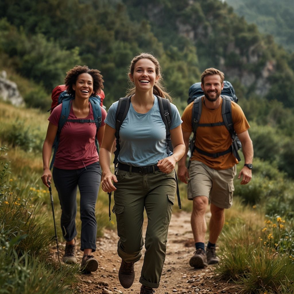 Group enjoying hiking with joy and engagement