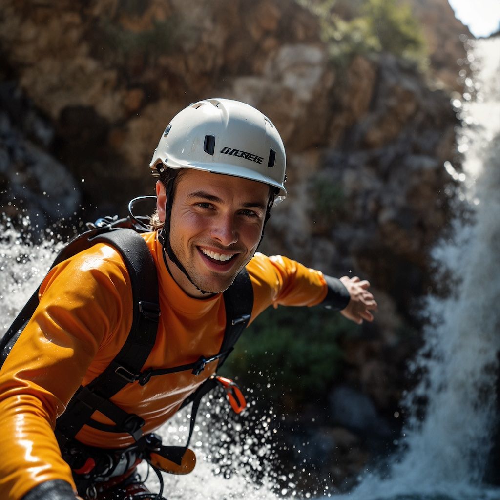Solo adventurer enjoying canyoning with joy and concentration