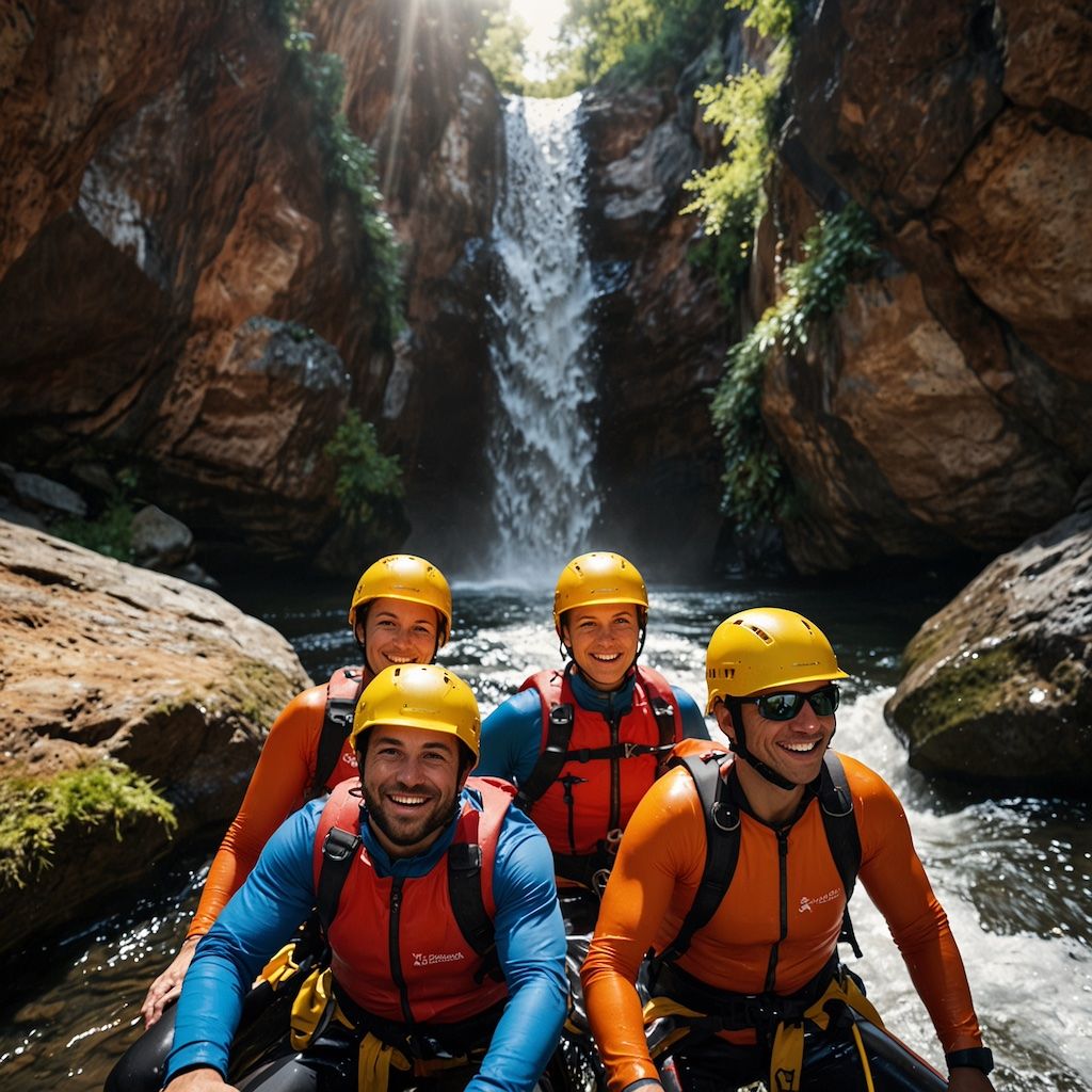 Group enjoying canyoning with joy and concentration