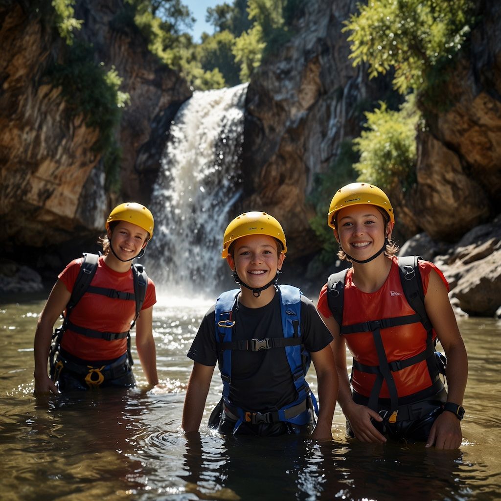 Children enjoying canyoning with joy and concentration
