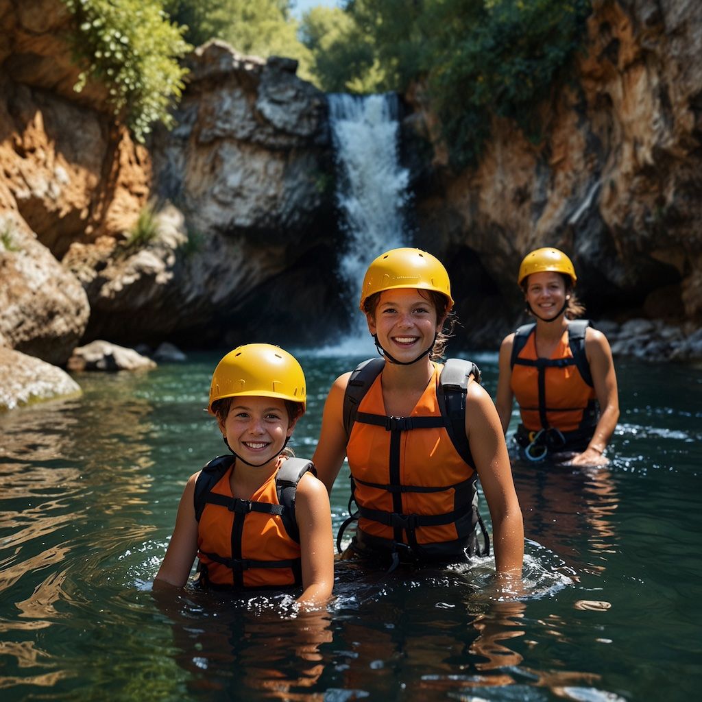 Family enjoying canyoning with joy and concentration