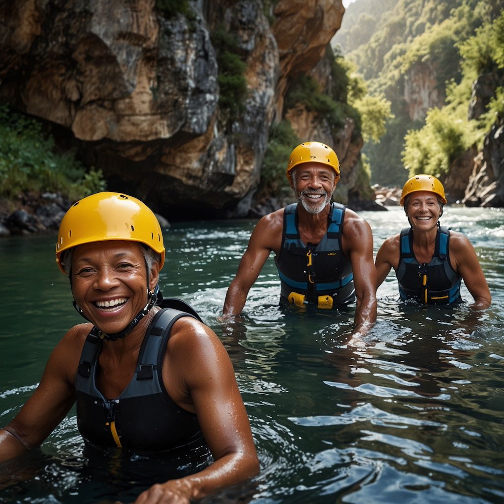 Seniors enjoying canyoning with joy and concentration