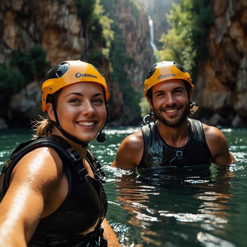 Couples enjoying canyoning with joy and concentration