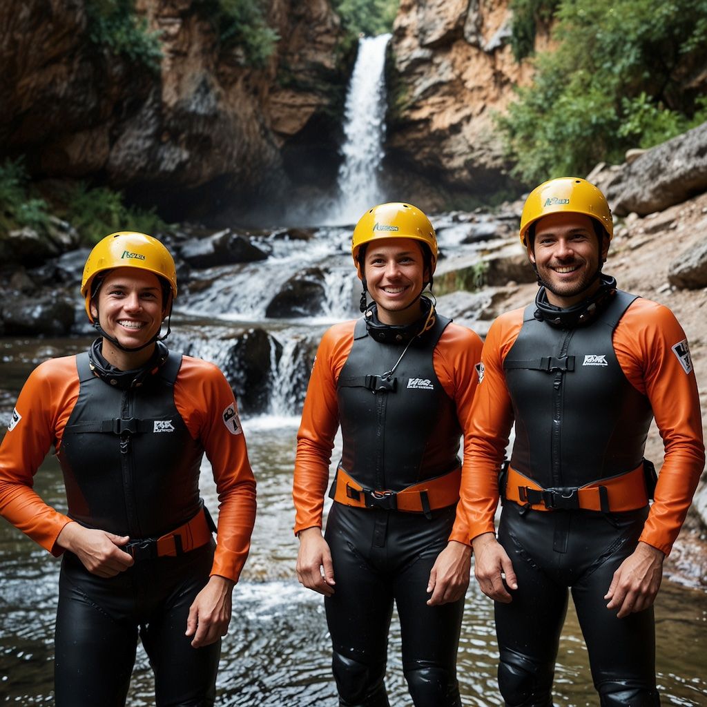 Beginners in a canyoning course, learning with concentration
