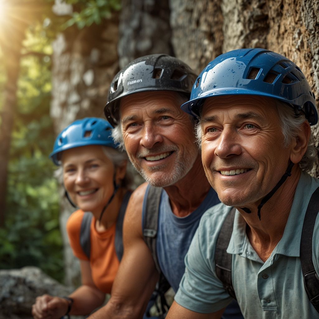 Seniors enjoying climbing with joy and concentration