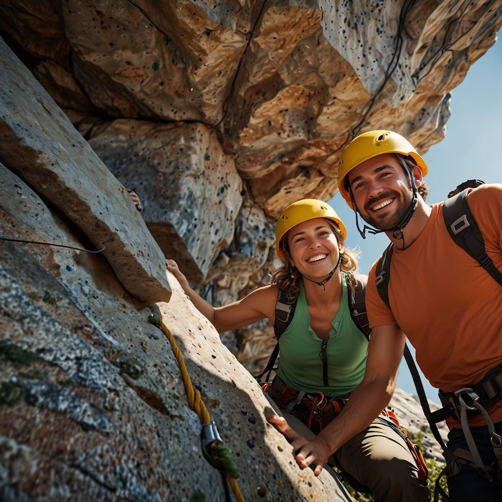 Couples enjoying climbing with joy and concentration