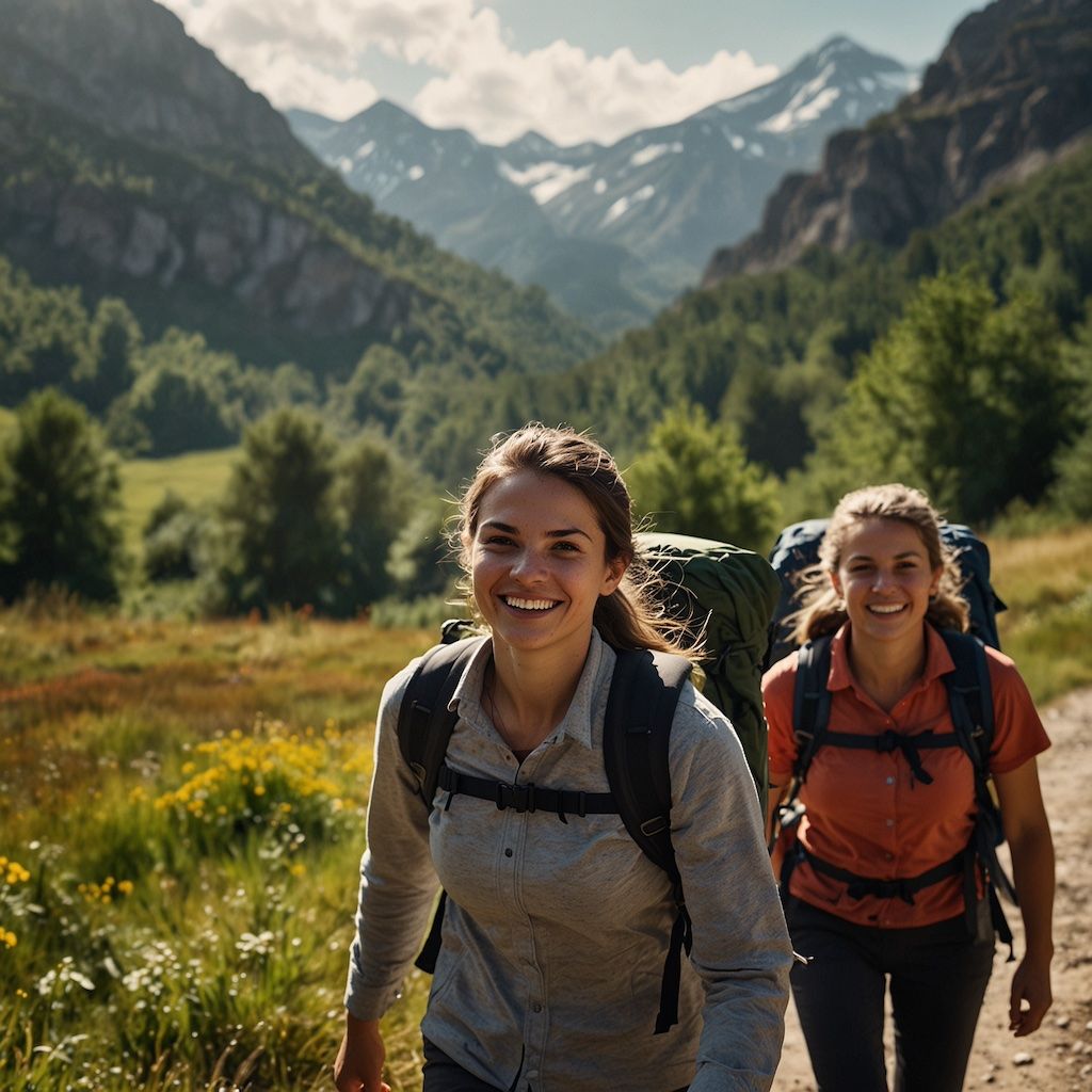 People trekking with focus and excitement