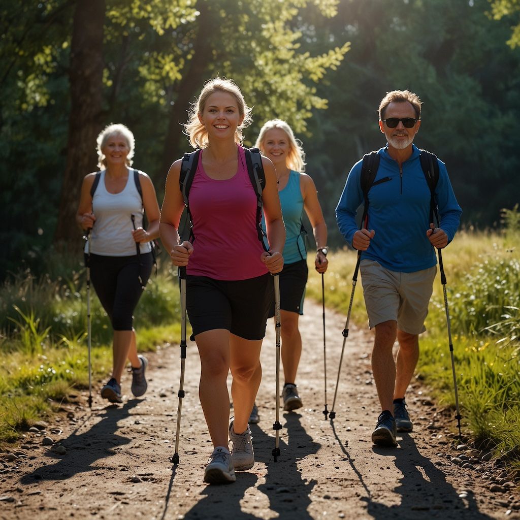 People doing Nordic walking with focus and enjoyment