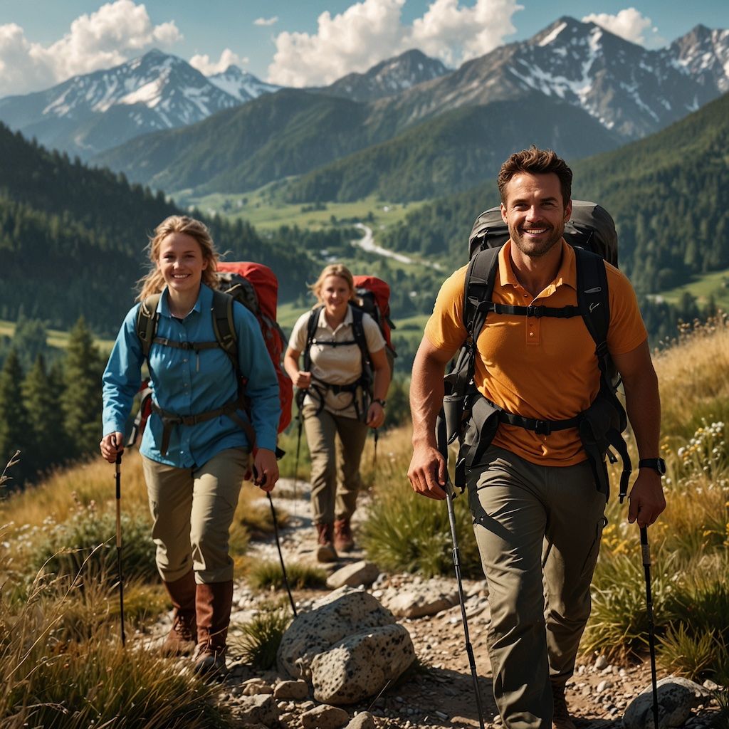 People enjoying mountain hiking with triumph and awe