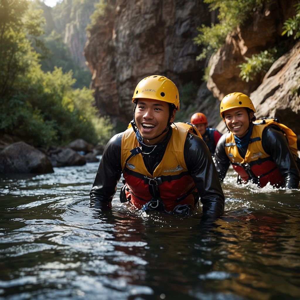 Advanced canyoners in a course, focused and excited