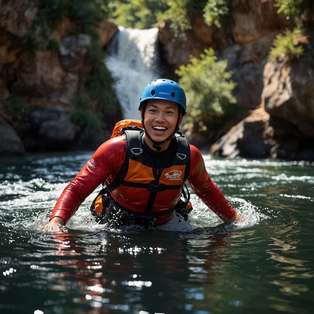 Private canyoning lesson with a guide, learning with concentration
