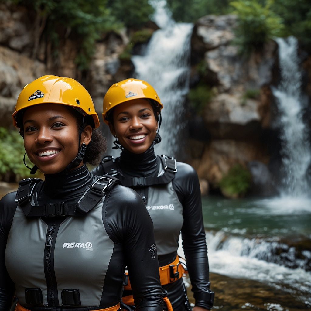 People freeride canyoning with focus and excitement