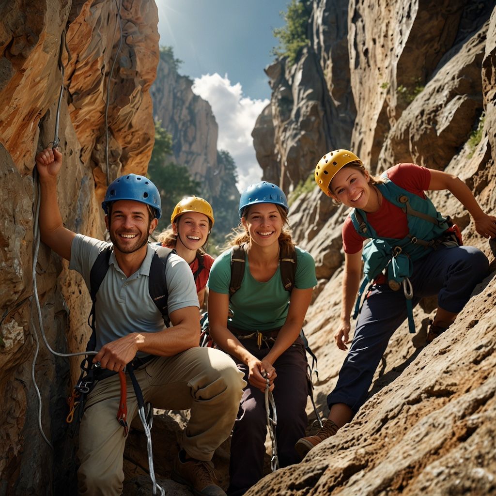 Group enjoying climbing with joy and concentration