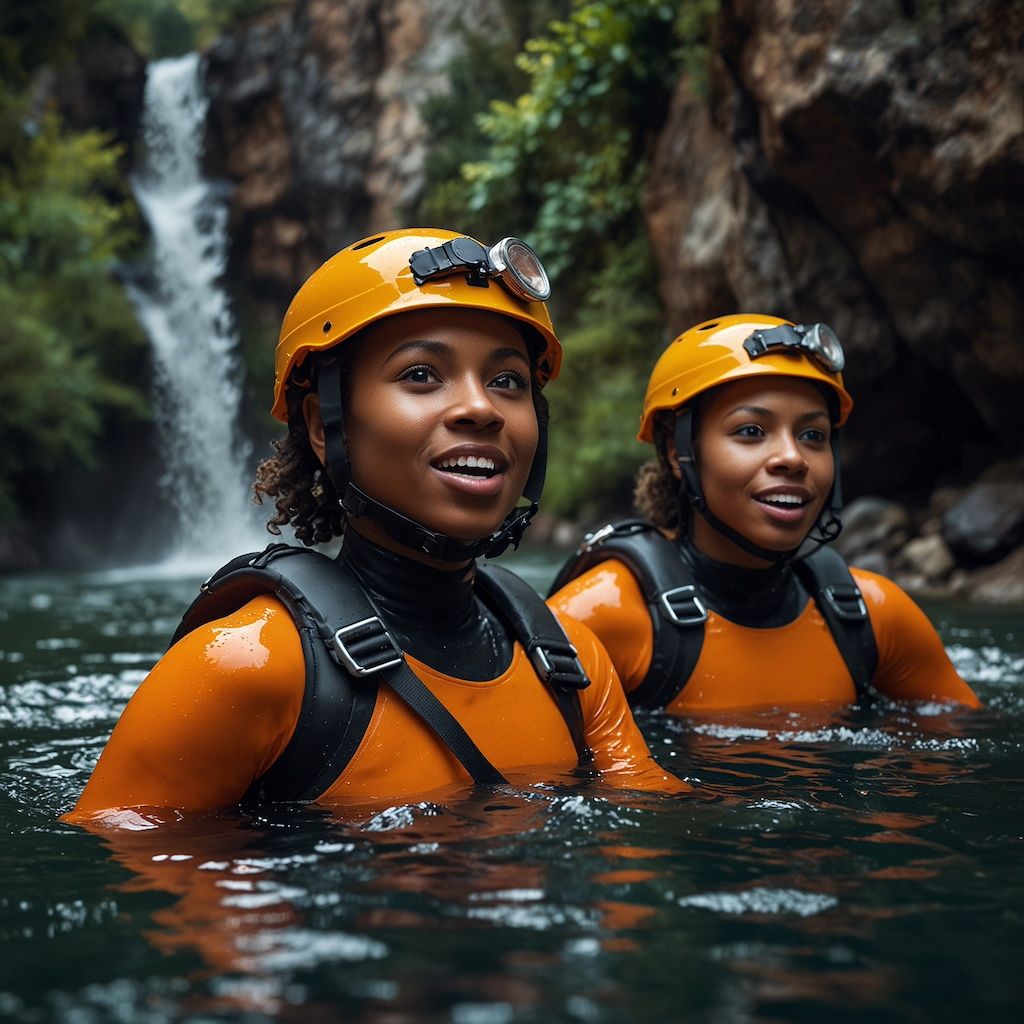 People engaging in expedition canyoning with focus and excitement