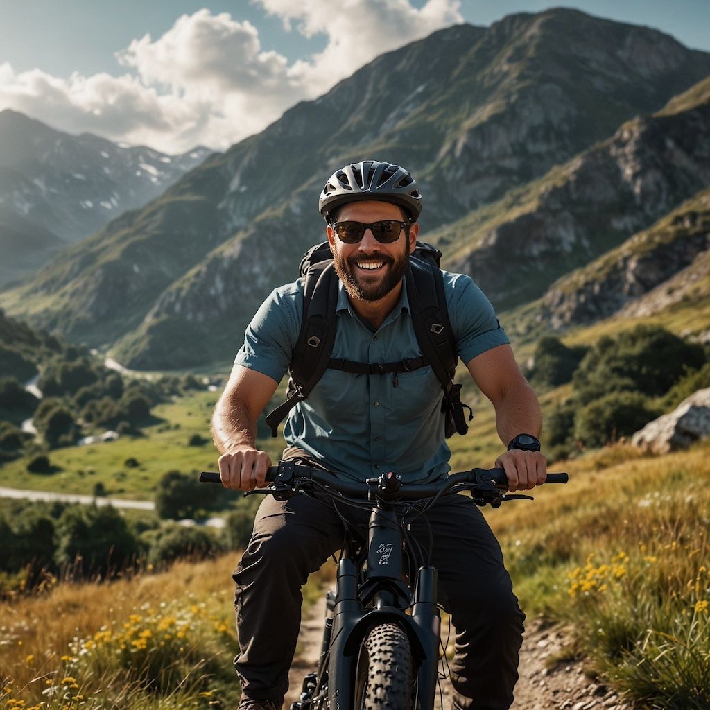 Solo adventurer enjoying e-biking with joy and concentration