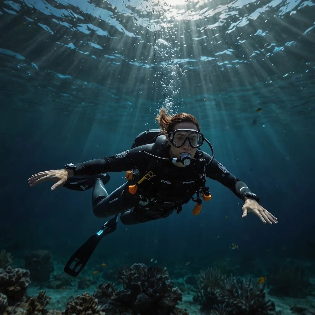 Solo diver enjoying diving with joy and concentration