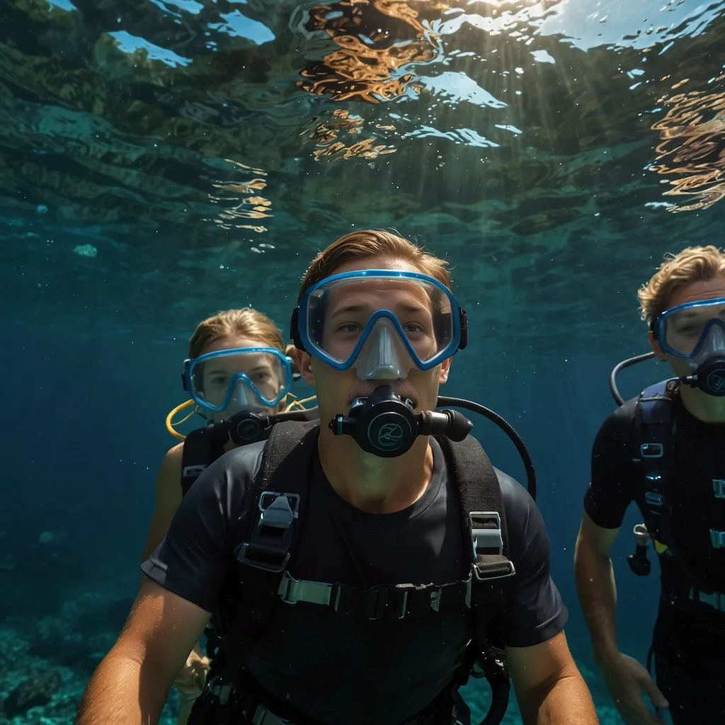 Family enjoying diving with joy and concentration