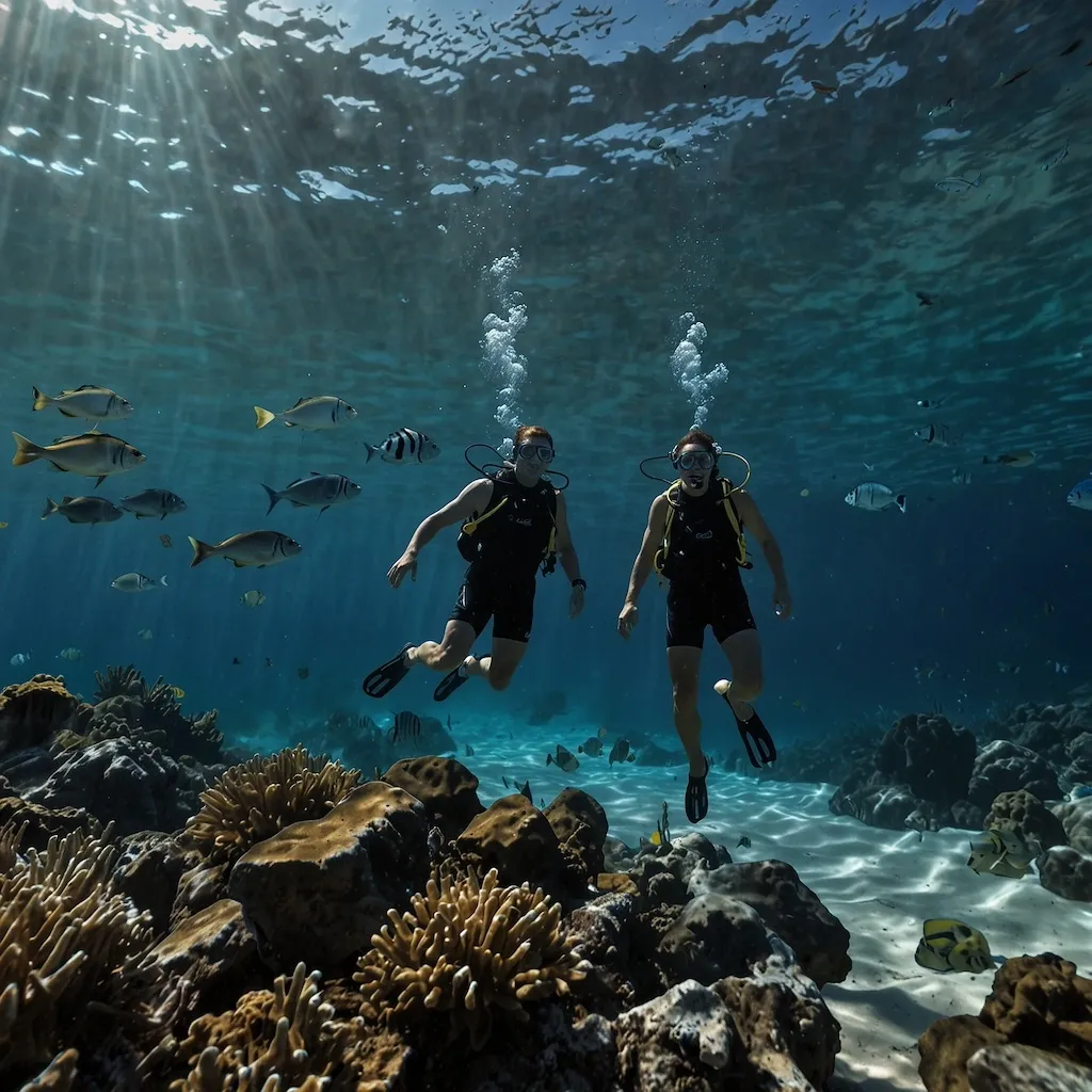 Couples enjoying diving with joy and concentration
