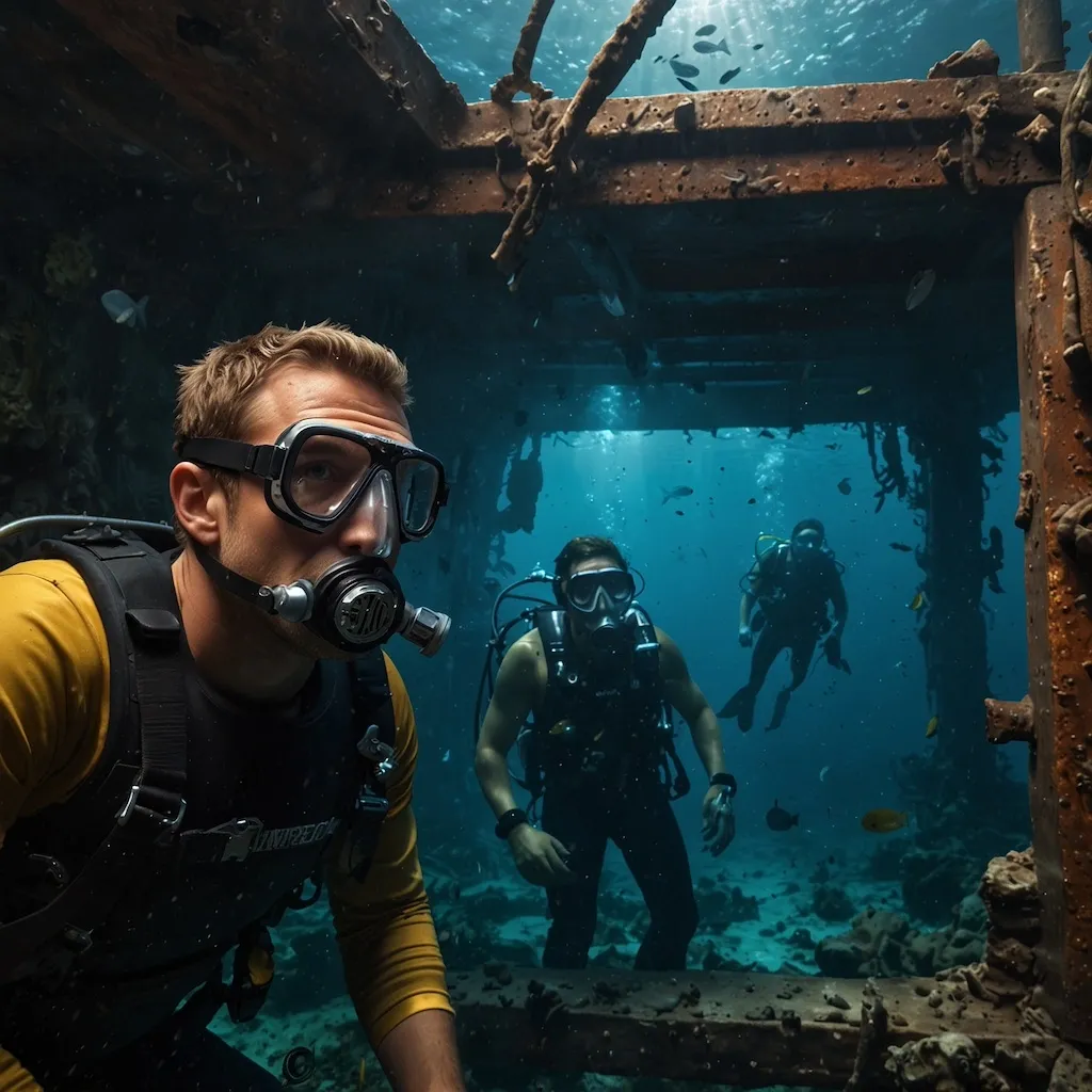 People enjoying wreck diving with awe and concentration