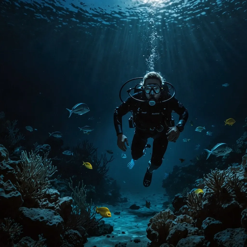 People enjoying night diving with awe and curiosity