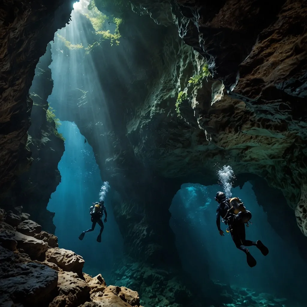 People enjoying cave diving with awe and concentration