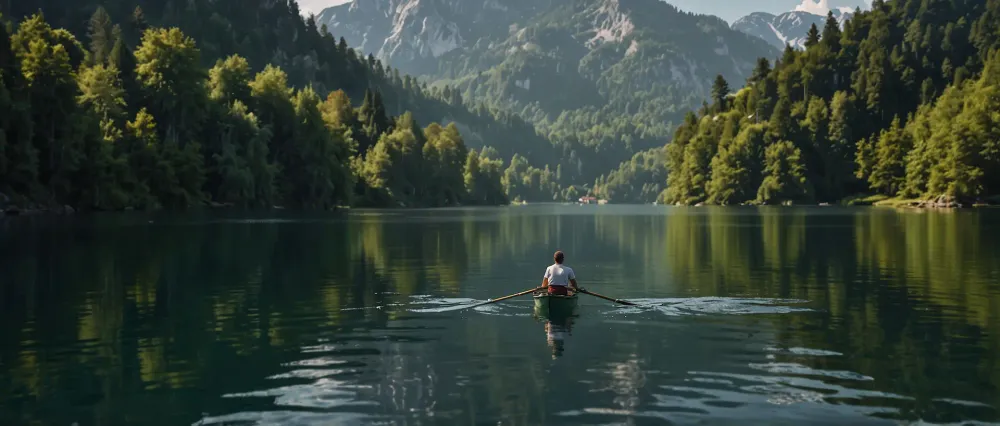 A rower gliding across Lake Bled, Slovenia, with Bled Island and the Julian Alps in the background.