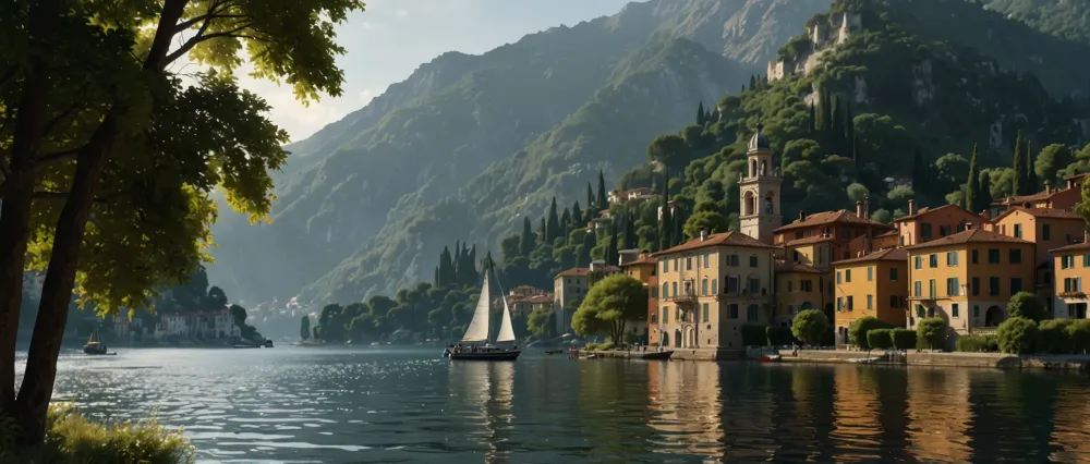 A sailboat gliding across Lake Como, Italy, with calm waters on the left and the Alps and villa-lined shores visible to the right.