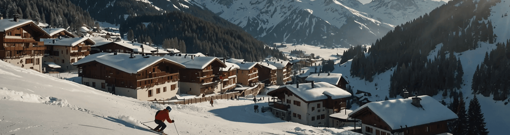 Ein Skifahrer fährt einen verschneiten Hang in den Schweizer Alpen in der Nähe von Davos, Schweiz, hinunter. Links ist unberührter Schnee zu sehen, rechts die Stadt.