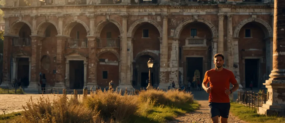 Ein Jogger beginnt seinen Lauf entlang der Via dei Fori Imperiali in Rom, Italien, wo antike Ruinen in warmes Sonnenlicht getaucht sind und eine helle, abenteuerliche Atmosphäre schaffen.