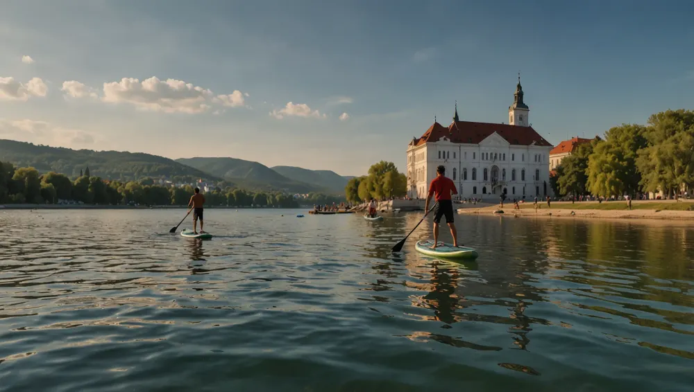 A paddleboarder gliding on the Danube River in Vienna on a sunny day, with historic architecture and lush riverbanks in the background