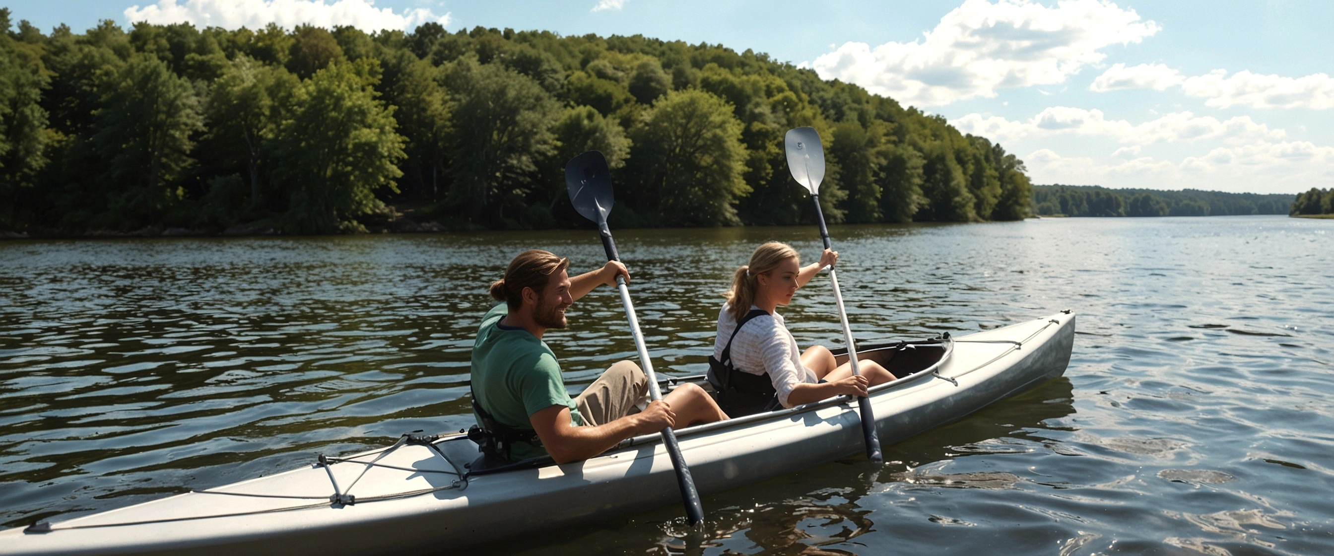 People enjoying canoeing with joy and concentration