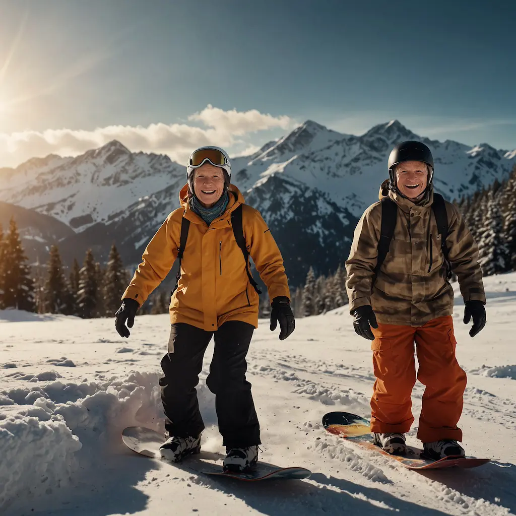 Seniors enjoying snowboarding with joy and engagement