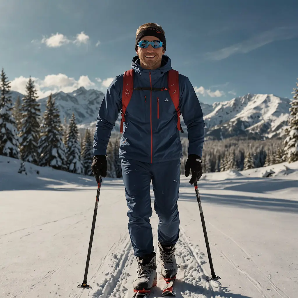 Solo adventurer enjoying cross-country skiing with joy and concentration