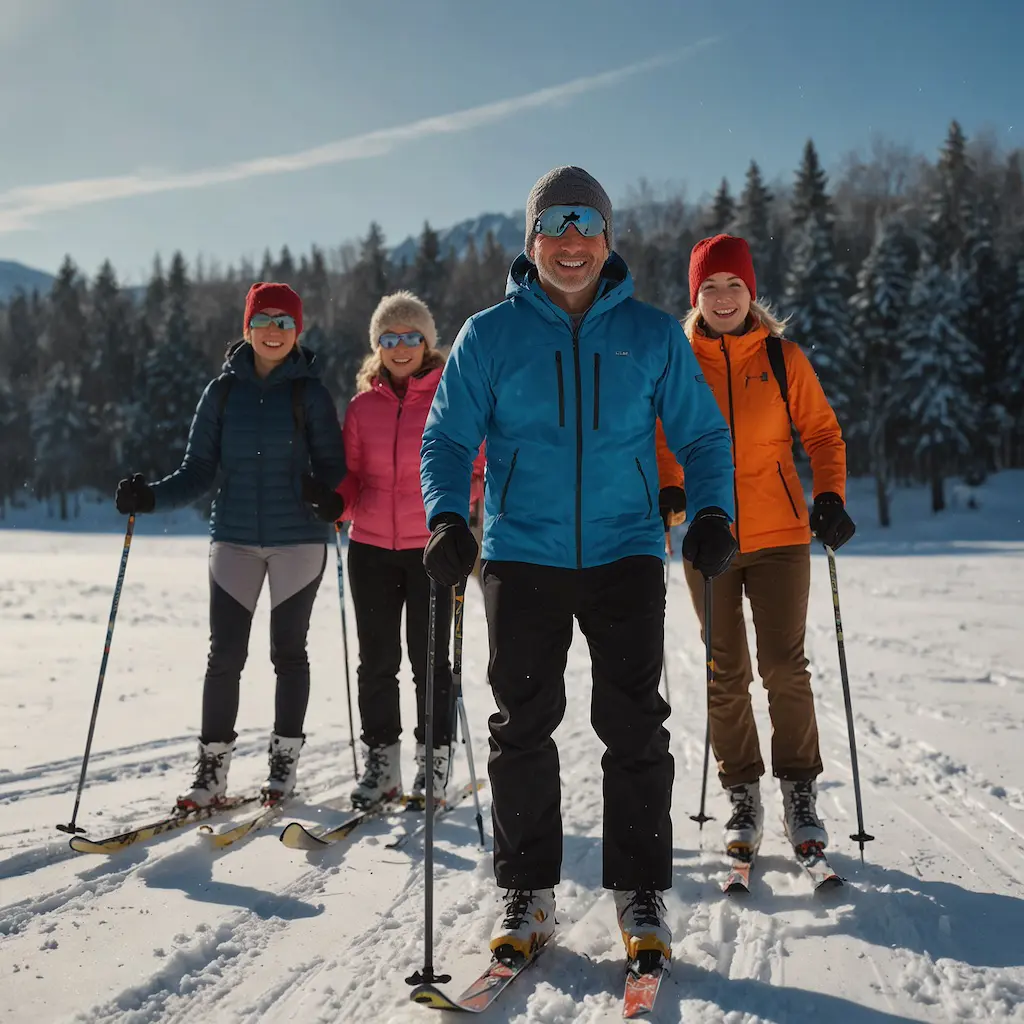 Group enjoying cross-country skiing with joy and concentration