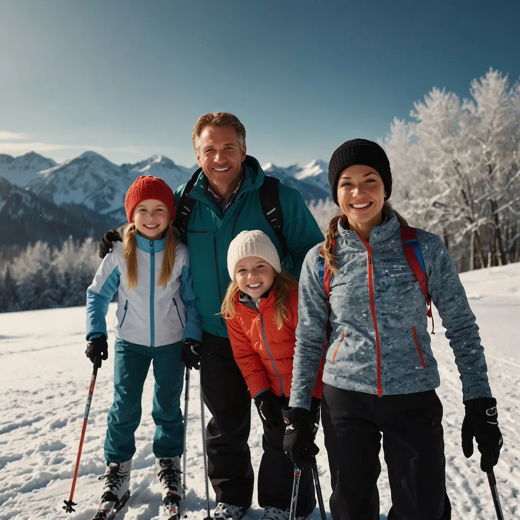 Family enjoying cross-country skiing with joy and concentration