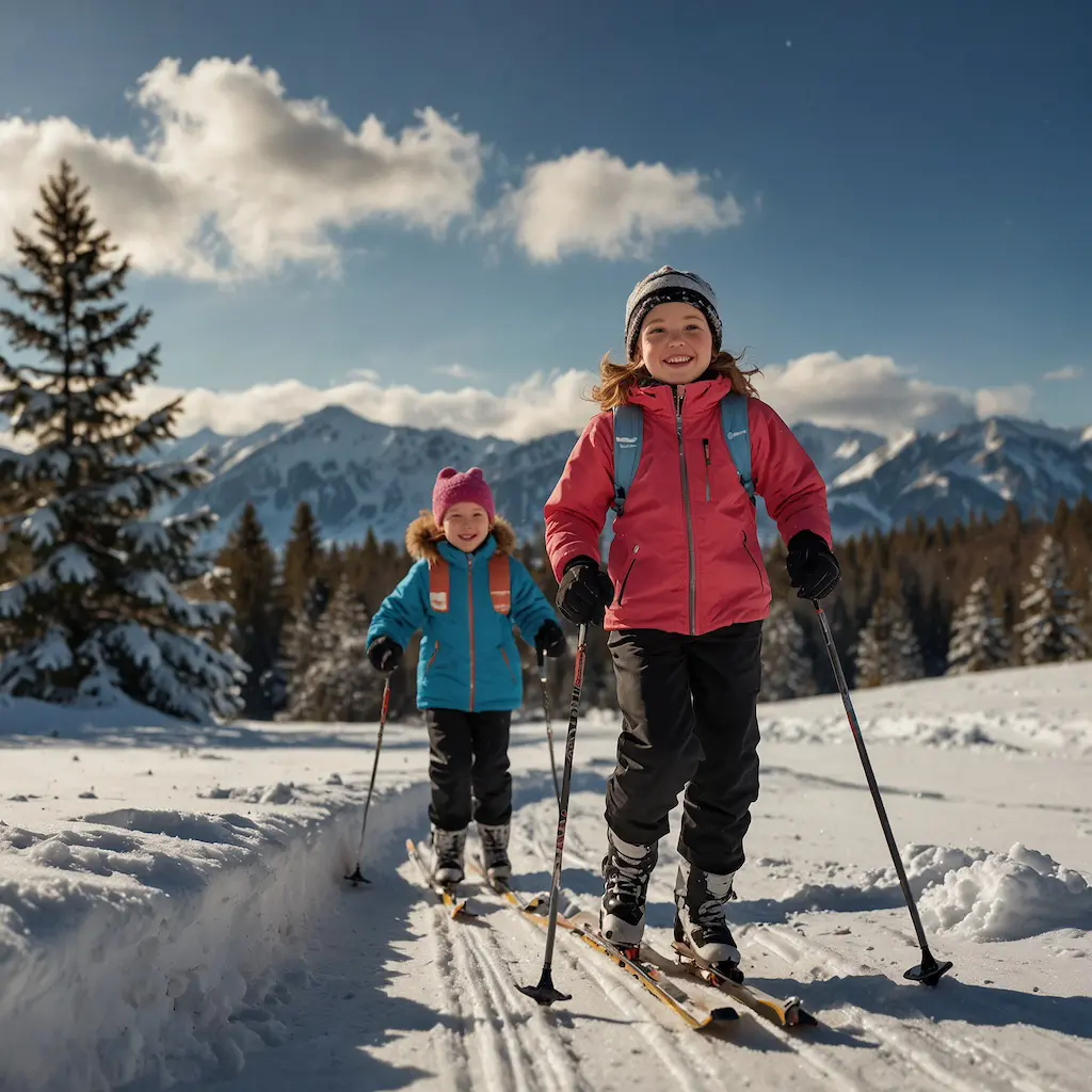 Children enjoying cross-country skiing with joy and concentration