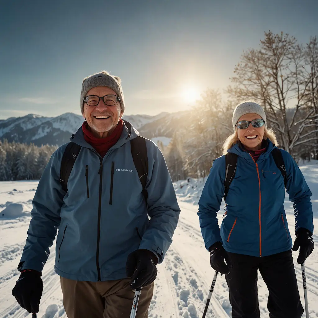 Seniors enjoying cross-country skiing with joy and concentration