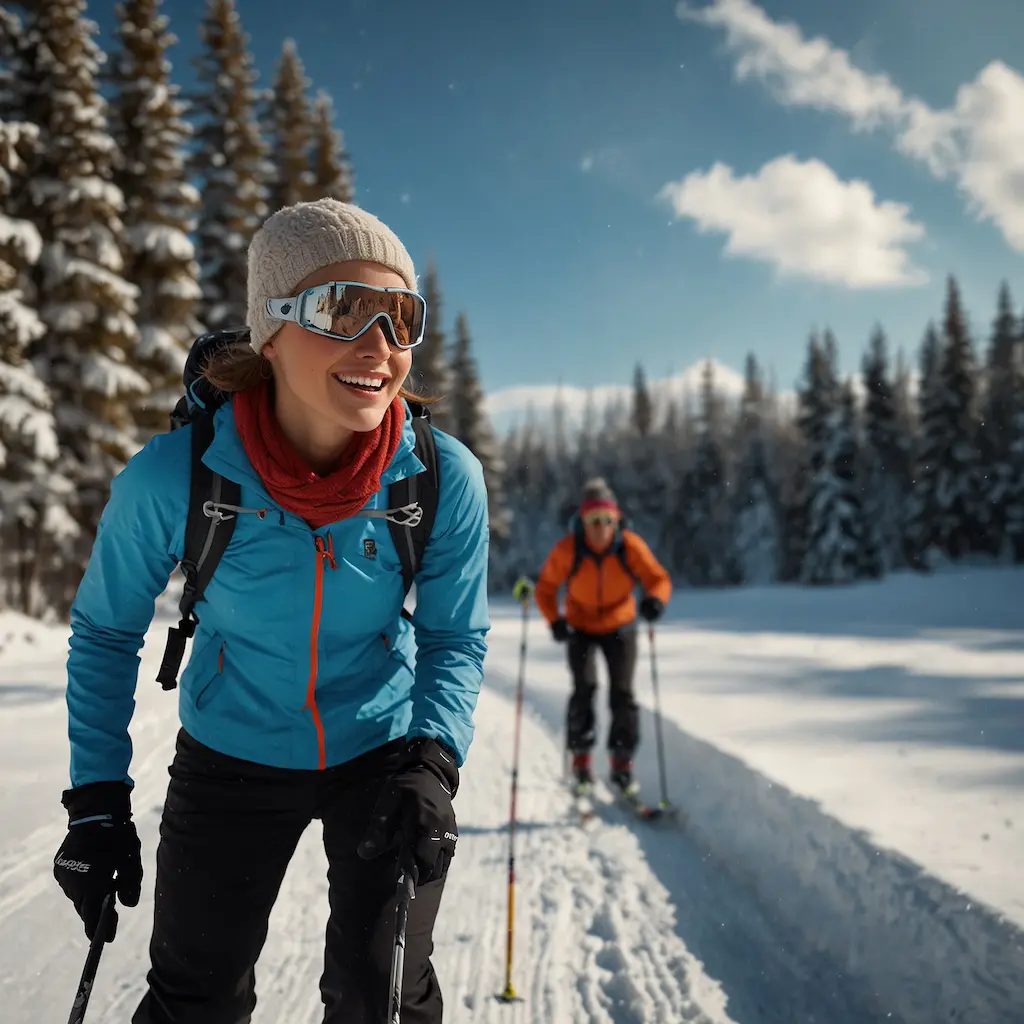 People engaging in backcountry cross-country skiing with adventure and focus