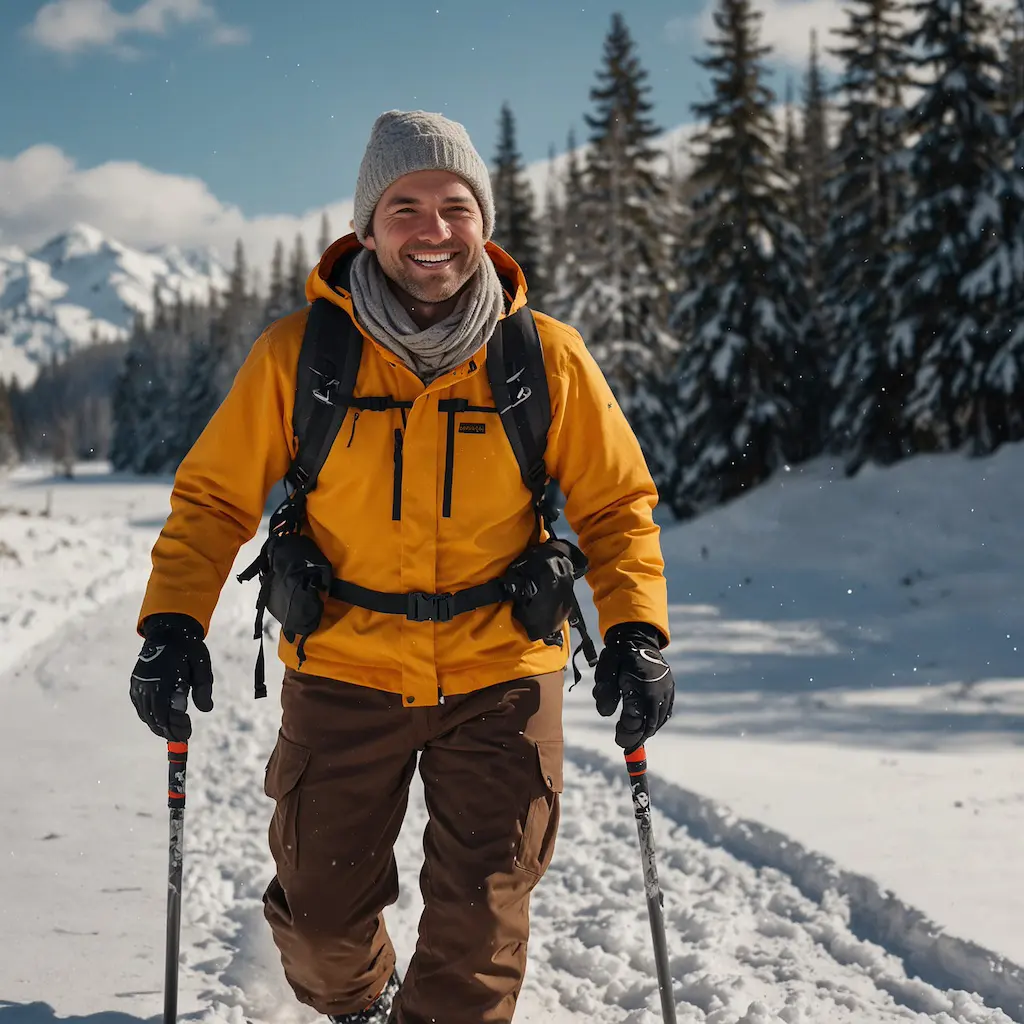 Solo adventurer enjoying snowshoeing with joy and concentration