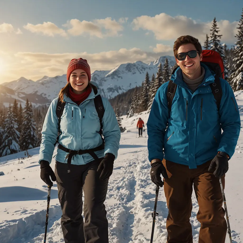 Group enjoying snowshoeing with joy and concentration