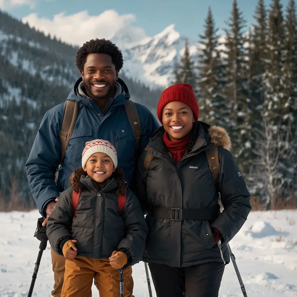 amily enjoying snowshoeing with joy and concentration
