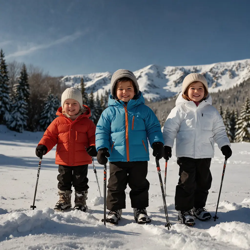 Children enjoying snowshoeing with joy and concentration